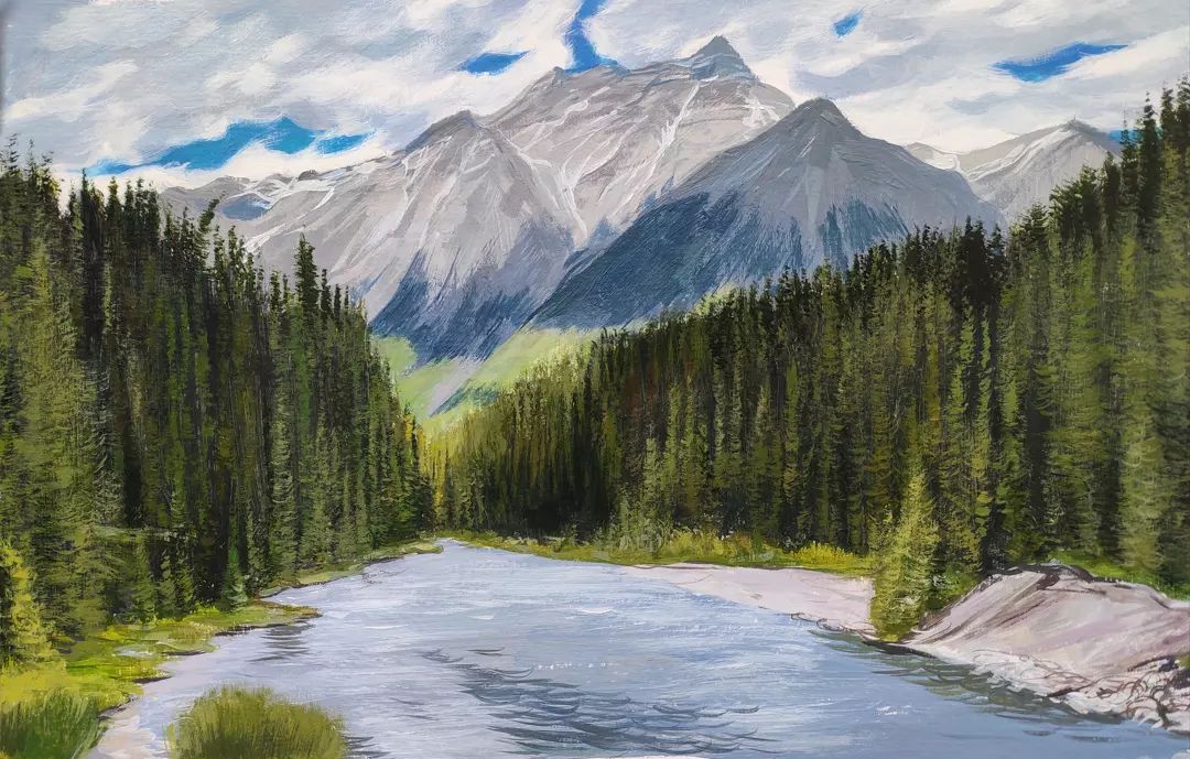 Paisaje realista con montañas al acrilico, métodos de pintar bosque rápido (4 horas)