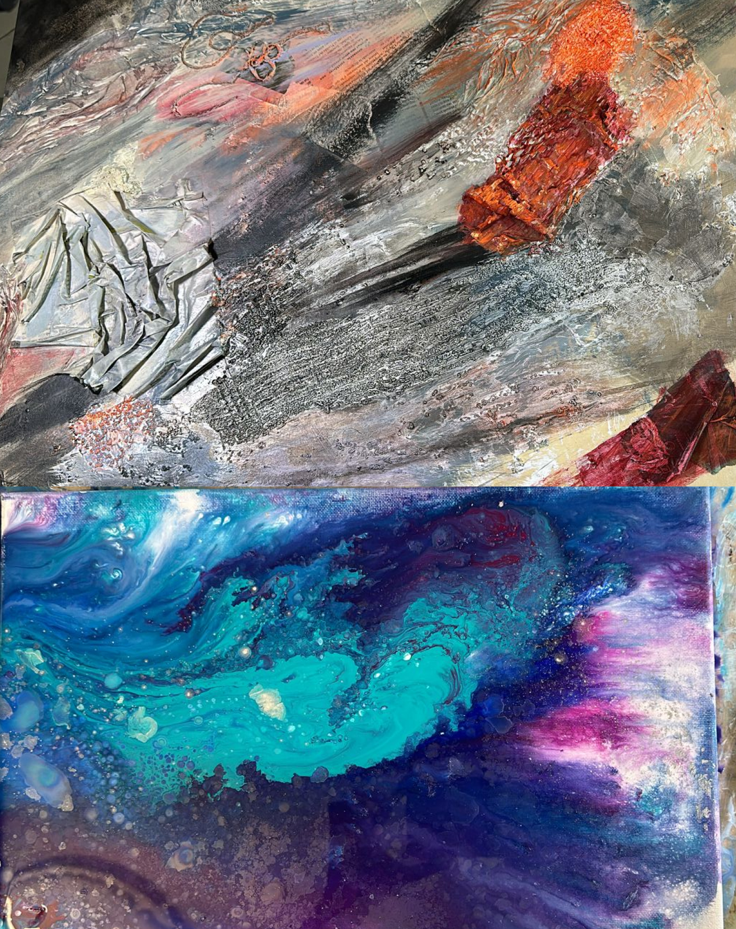 Arte abstracto (collage) y arte fluido en acrílico (3 obras)