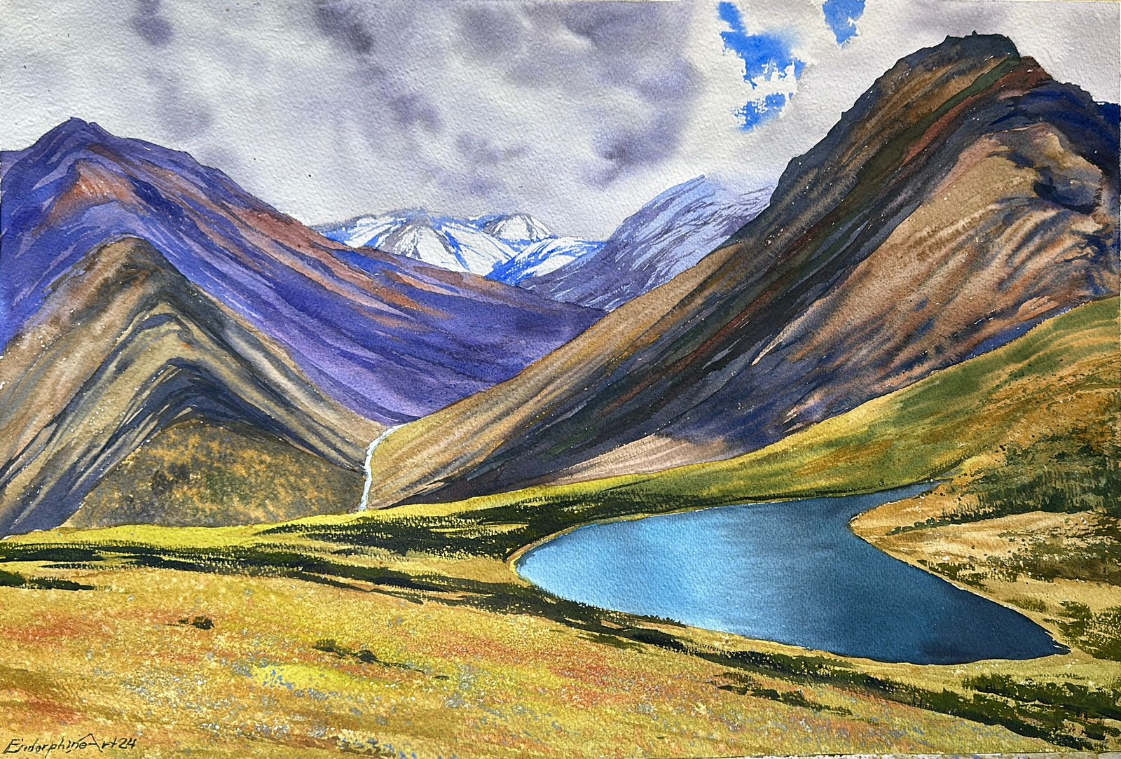 Paisaje montañoso con una laguna (4 horas)