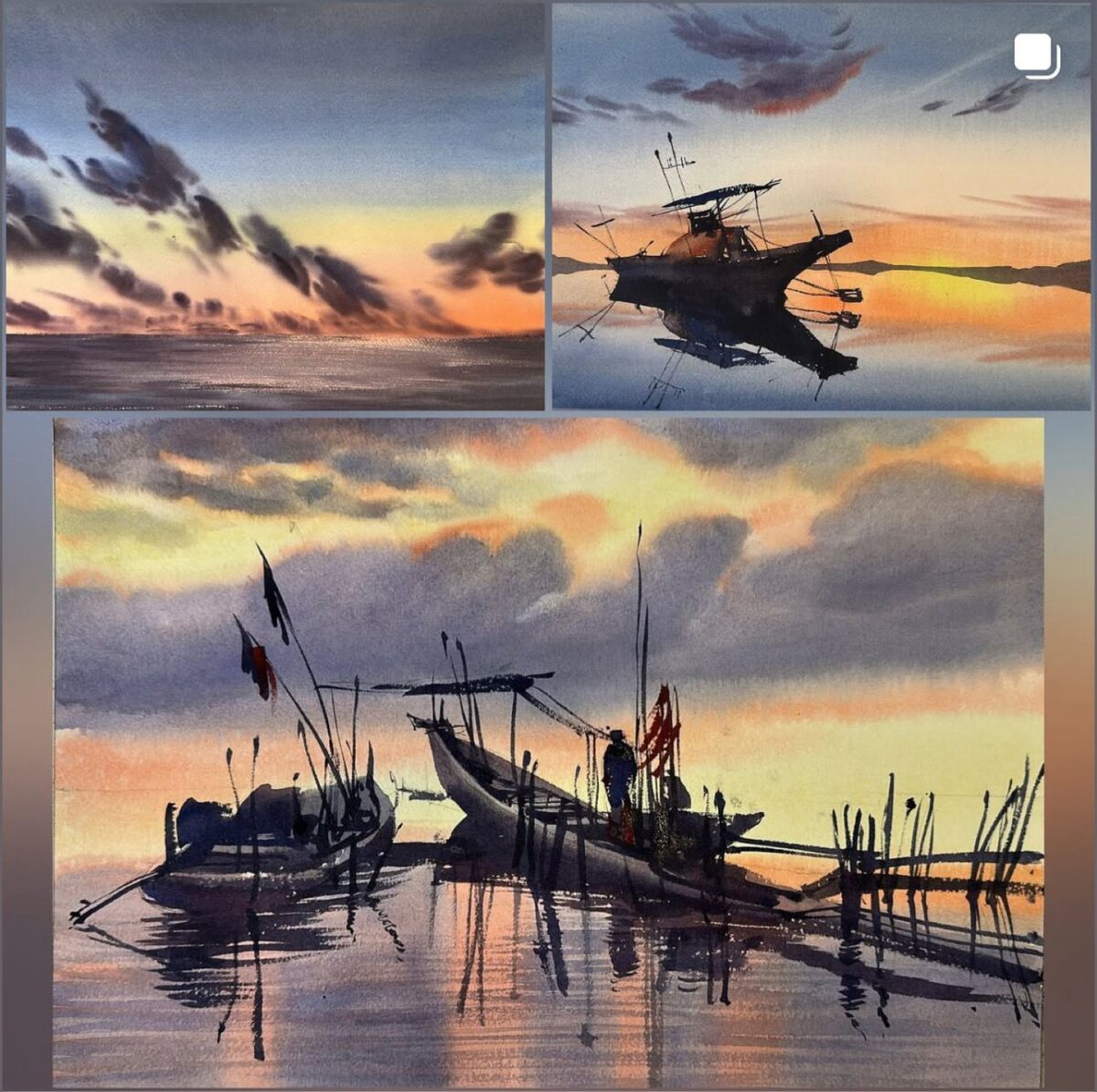 Nubes y lanchas con acuarela (3 obras) 4 horas